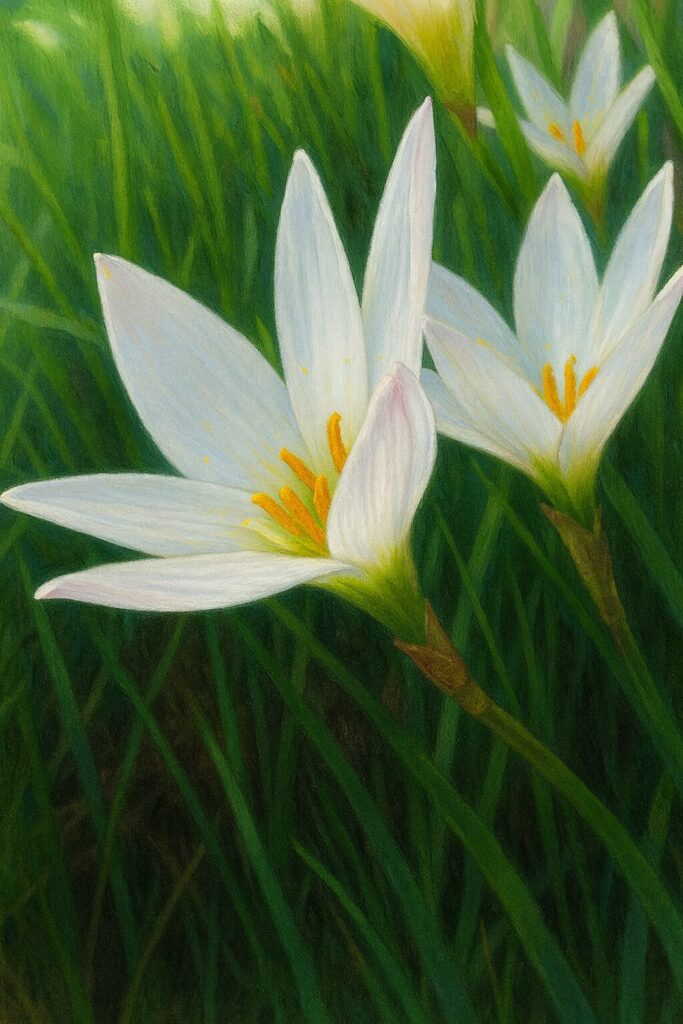 日本の秋に草地で群生して咲くタマスダレの白い花を描いたイラスト