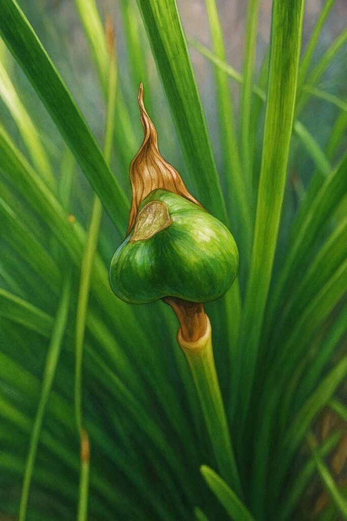 日本の秋に草の中で実るタマスダレの緑色の実を描いたイラスト