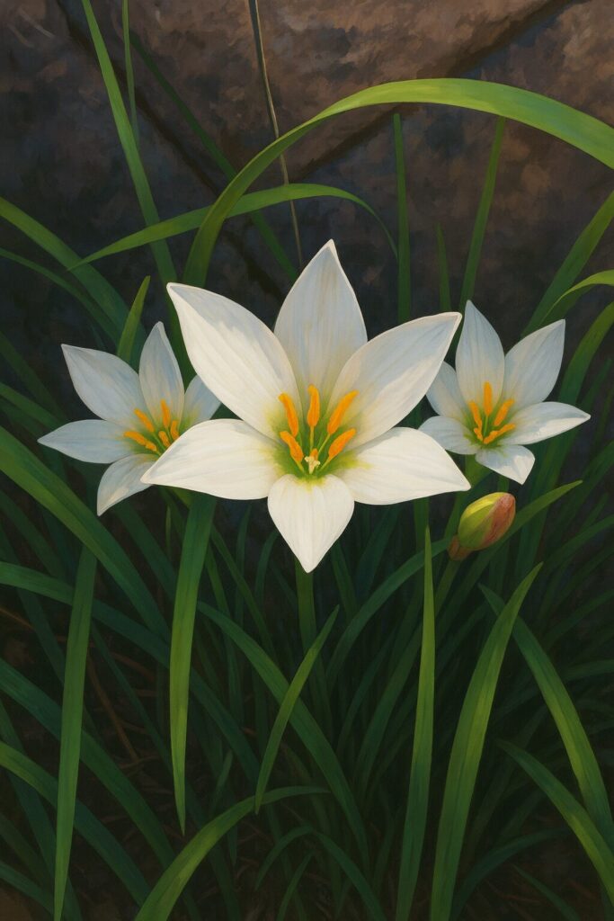 日本の秋に石垣のそばで三輪咲くタマスダレの白い花を描いたイラスト