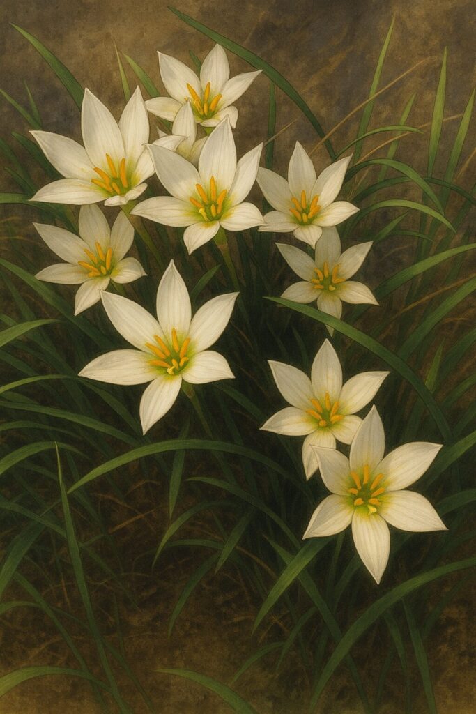 日本の秋に群生して咲くタマスダレの白い花を描いたイラスト