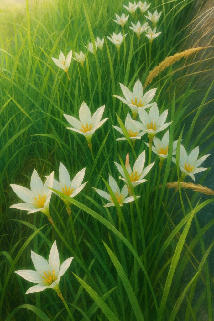 日本の秋に草地で群生して咲くタマスダレの白い花を描いたイラスト