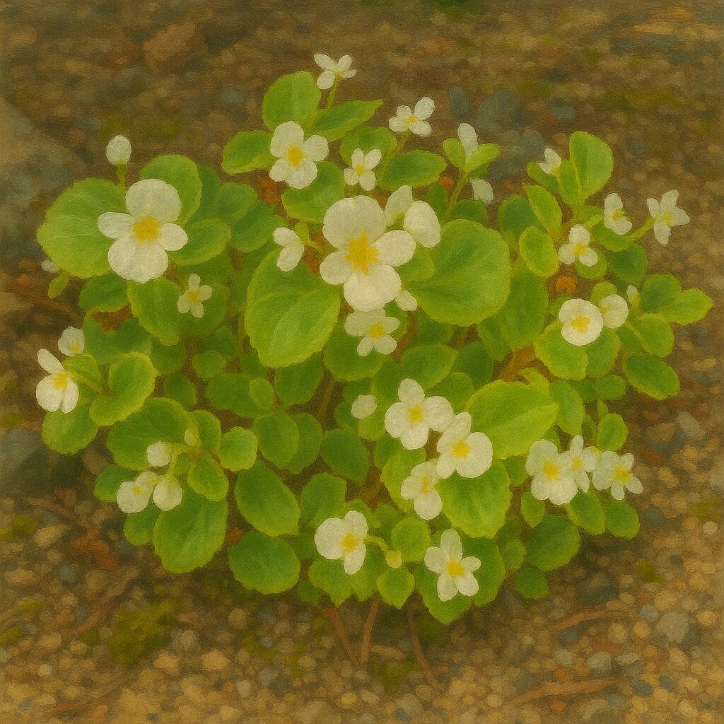 多数の白いベゴニアが群生して咲いている自然な植え込み風景