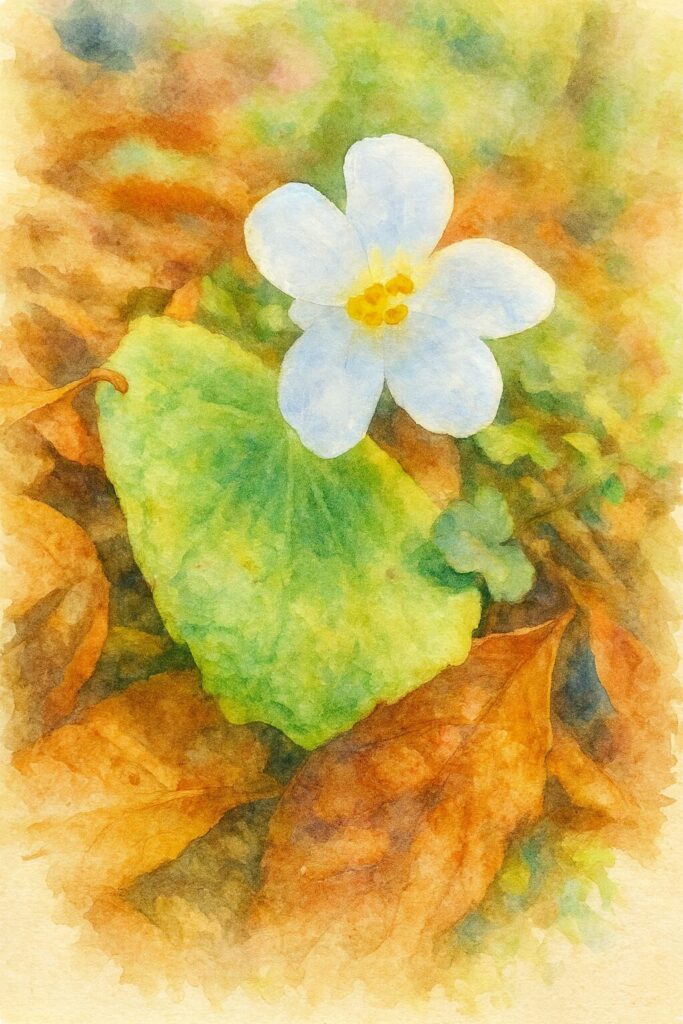 落ち葉の上に咲く白いベゴニアを描いた水彩画風イラスト。柔らかな光とぼかし背景で秋の情景を表現