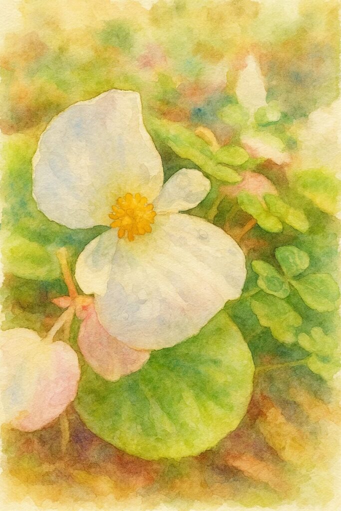 朝露をまとった白いベゴニアを描いた水彩画風イラスト。柔らかな色合いとぼかし背景で清らかな雰囲気を表現