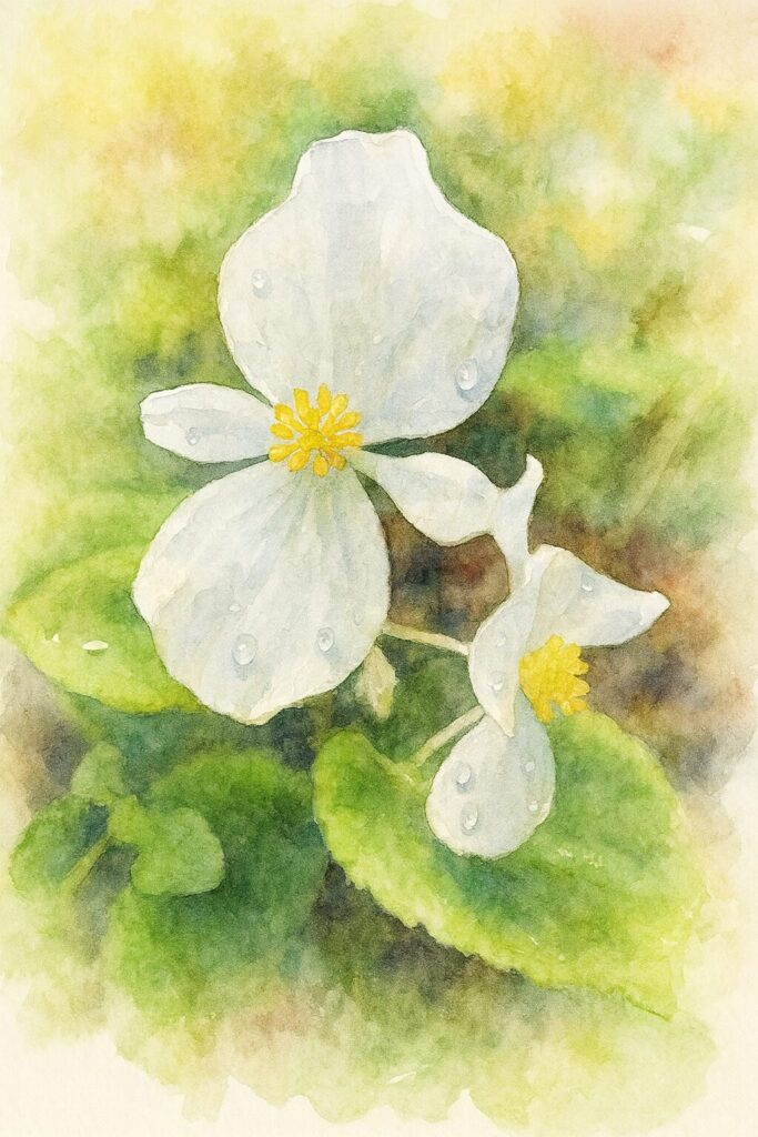 露をまとった白いベゴニアを描いた水彩画風イラスト。柔らかな光とぼかし背景で透明感を表現