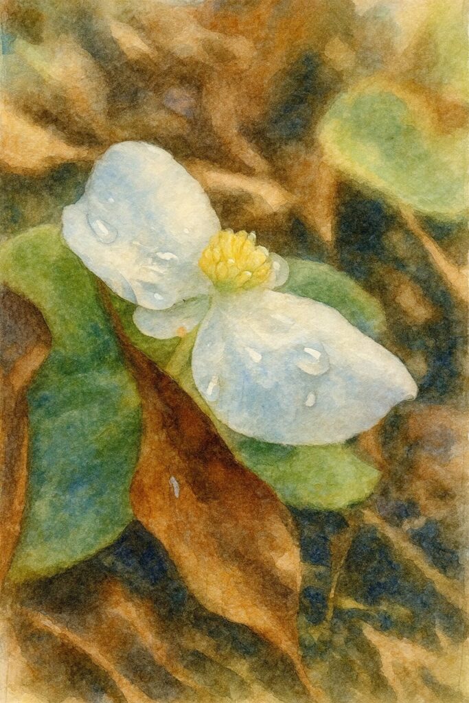 落ち葉と緑の葉の上に咲く白いベゴニアを描いた水彩画風イラスト。透明感と秋の柔らかな光を表現