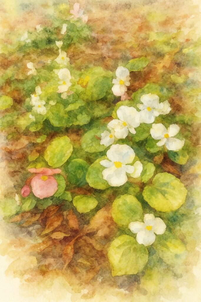 白とピンクのベゴニアが咲く秋の庭を描いた水彩画風イラスト。柔らかな筆致で葉と花の調和を表現