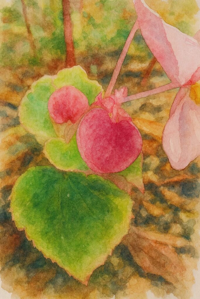 ピンクのベゴニアの花を描いた水彩画風イラスト。明るい緑の葉と背景のぼかしで優しい印象を表現
