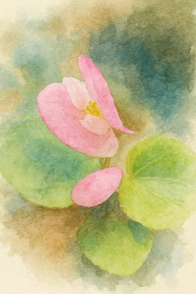 淡いピンクのベゴニアを描いた水彩画風イラスト。柔らかな筆致と透明感のある色合いで可憐な雰囲気を表現