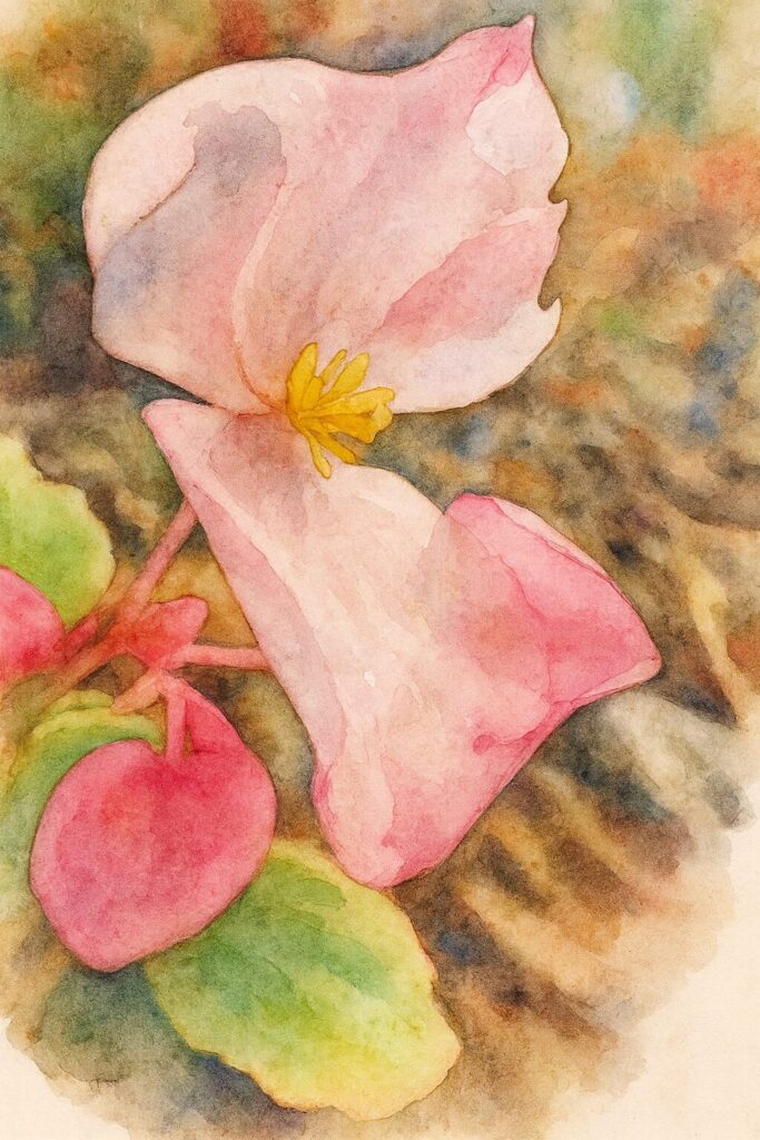 淡いピンクのベゴニアを描いた水彩画風イラスト。花弁の透明感と黄色い雄しべの輝きを丁寧に表現