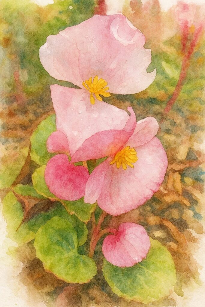 露を帯びたピンクのベゴニアを描いた水彩画風イラスト。透明感のある花弁と黄色い雄しべを繊細に表現