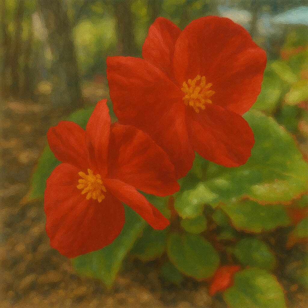 赤いベゴニアの花が2輪並んで咲く、日陰の庭先の様子