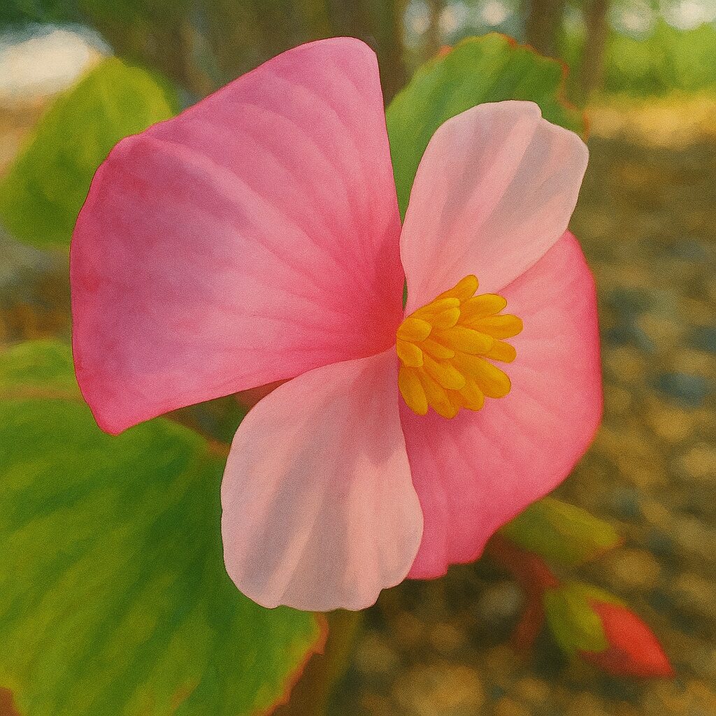 ピンク色のベゴニアの花が朝日を浴びて咲く美しいマクロ視点のイラスト