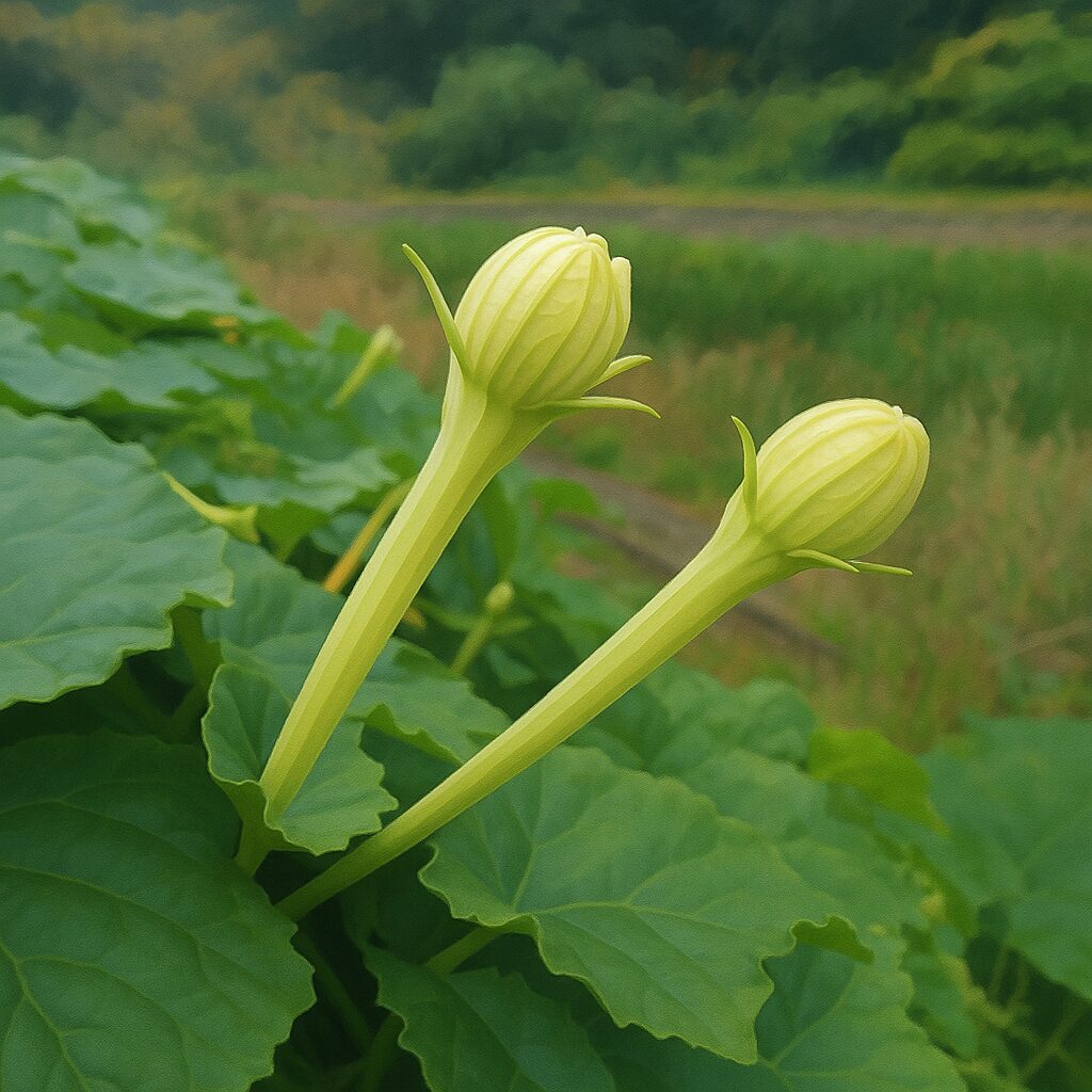 蕾が並んで伸びるカラスウリのつる植物と自然背景の風景