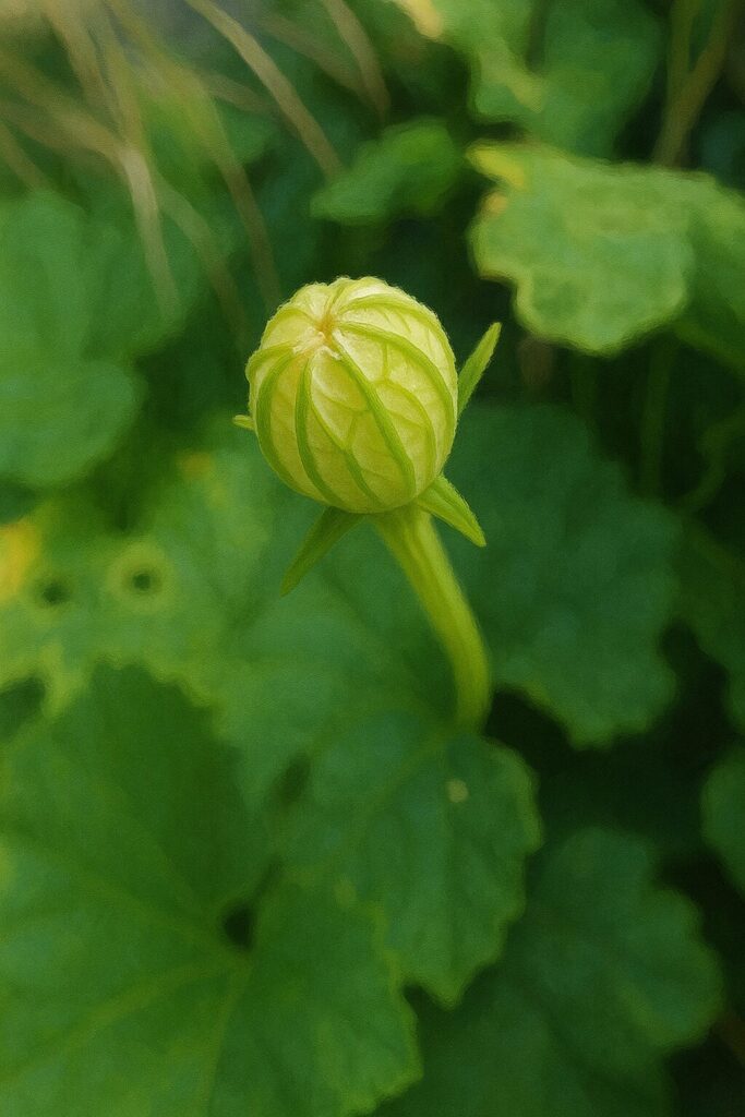 開花前のカラスウリの緑白色の蕾をクローズアップで捉えたイラスト