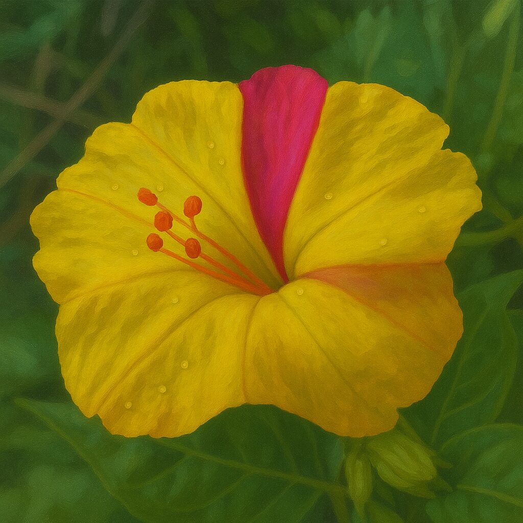 黄色に赤い斑入りの珍しい模様を持つオシロイバナの花のアップのイラスト