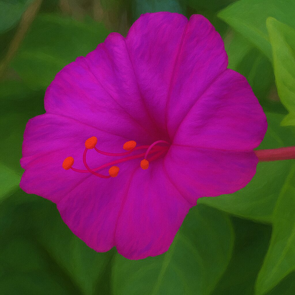鮮やかなピンク色のオシロイバナの花を真上から捉えた構図