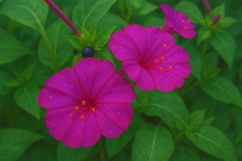 群生するピンク色のオシロイバナの花が咲き誇る様子