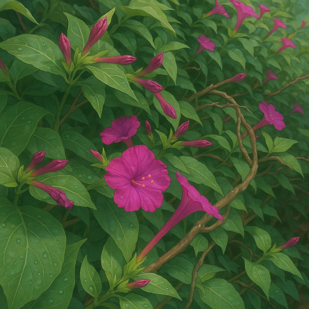 つぼみと開花した花が混在するオシロイバナの群生風景