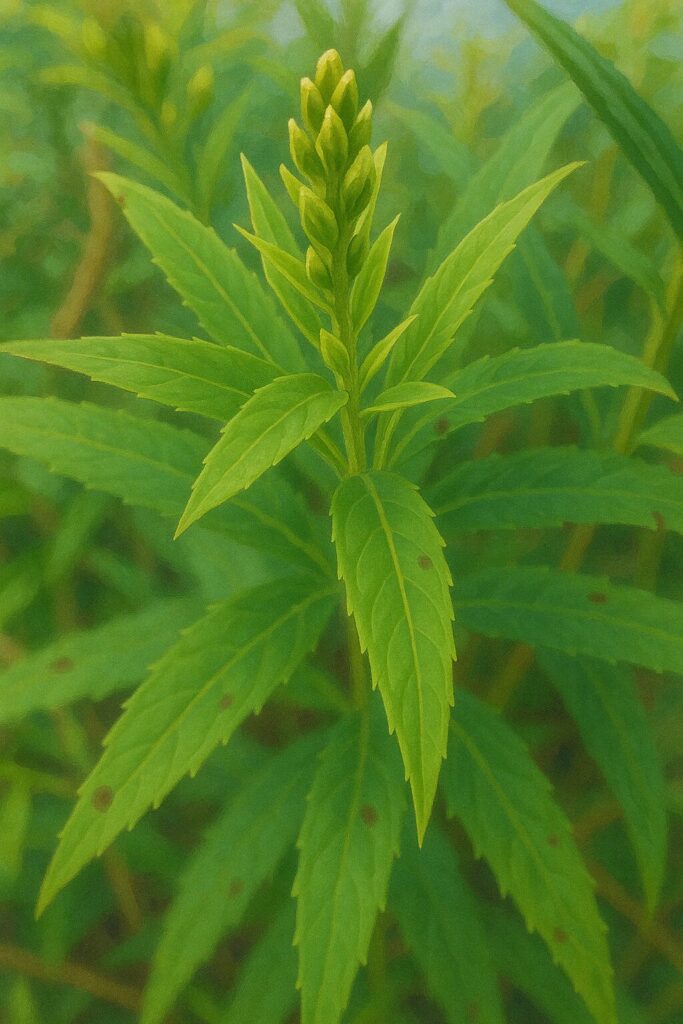 ギザギザの葉を持つセイタカアワダチソウの若い茎