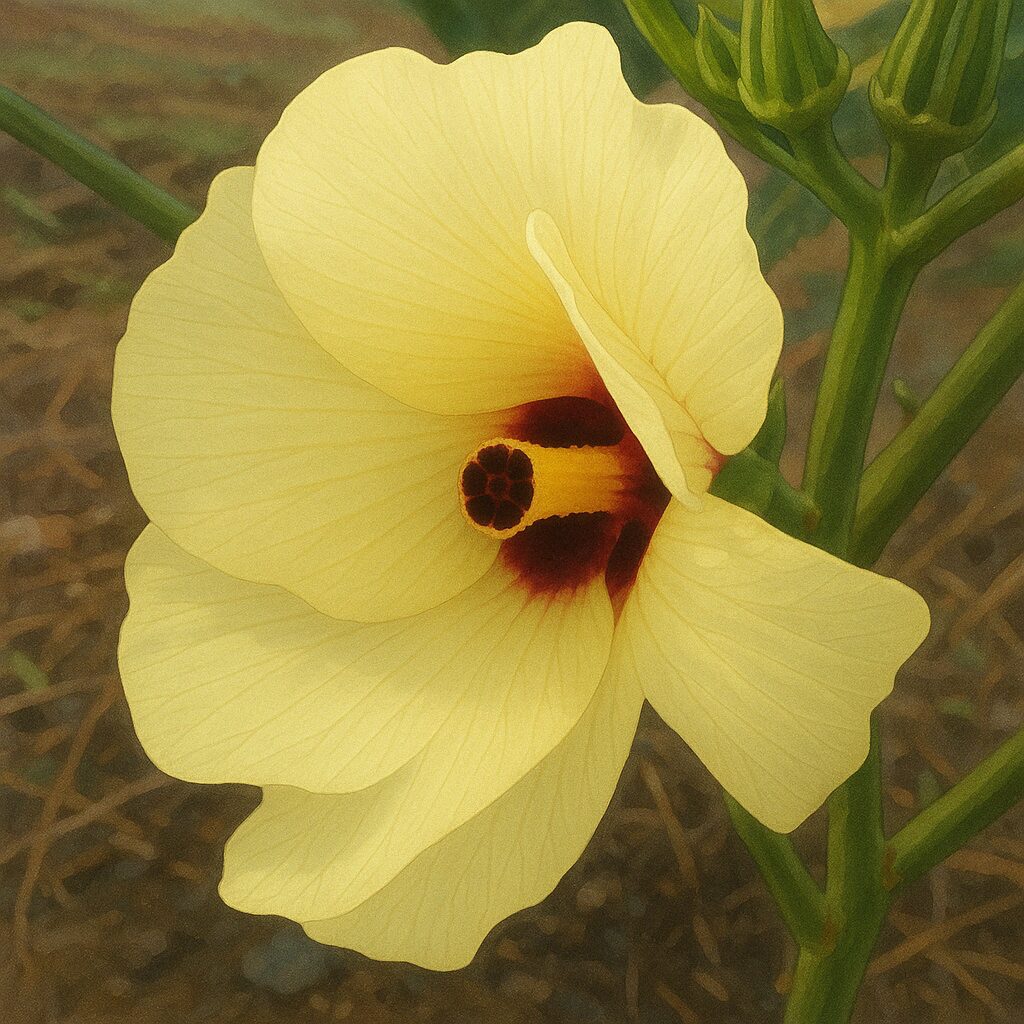 中央が赤く染まったオクラの花の美しい横顔