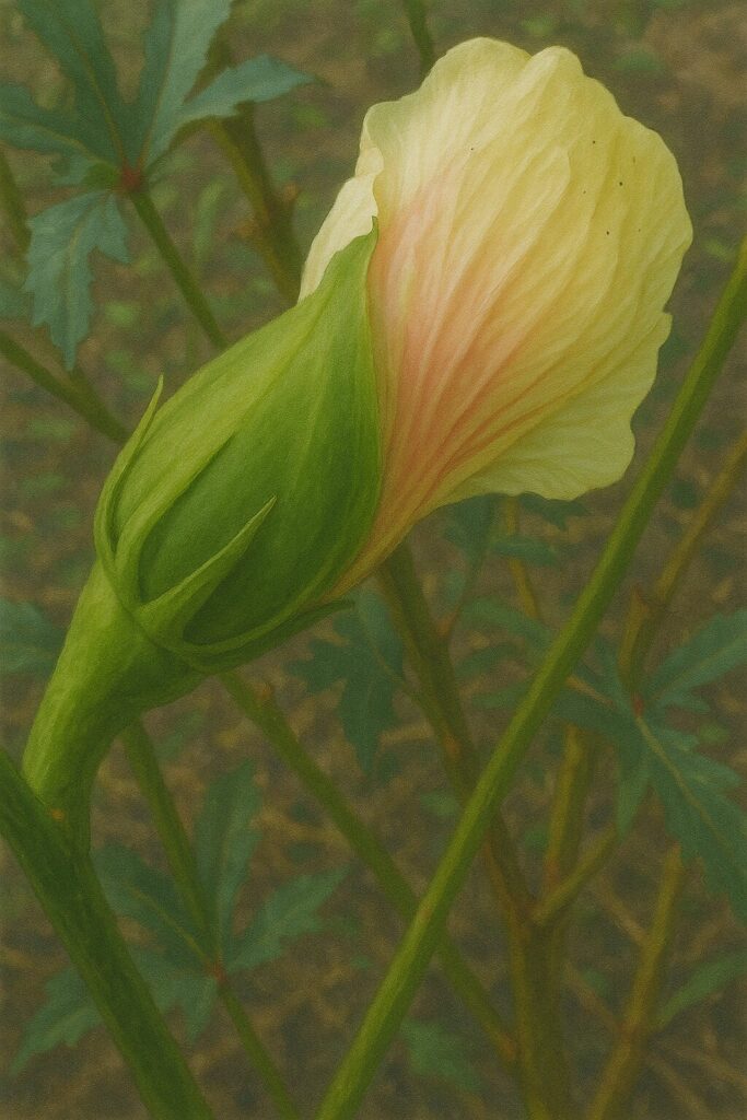 咲く直前のオクラの花のつぼみを横から捉えたイラスト