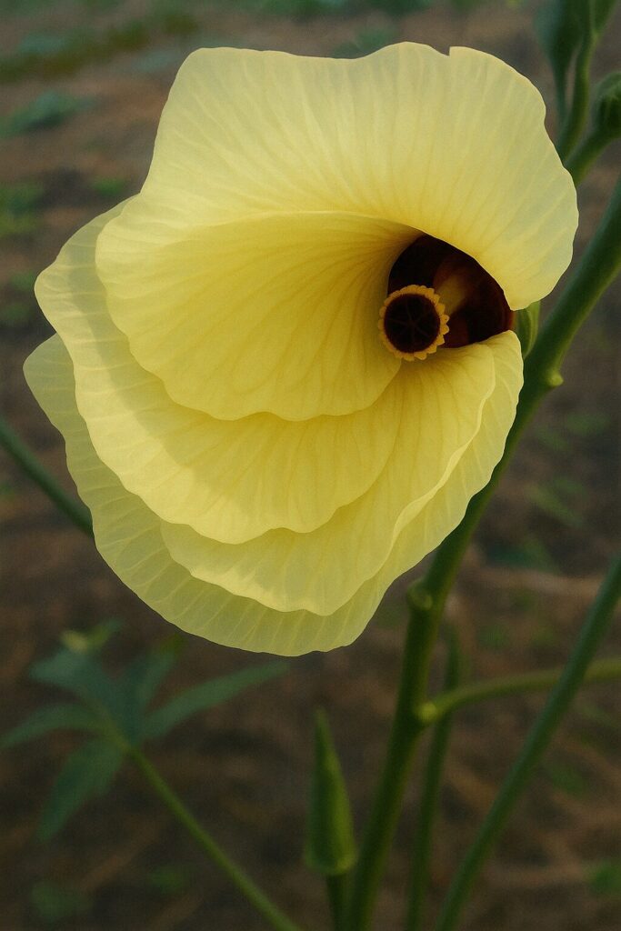 幾重にも重なる花びらが美しいオクラの花のクローズアップ