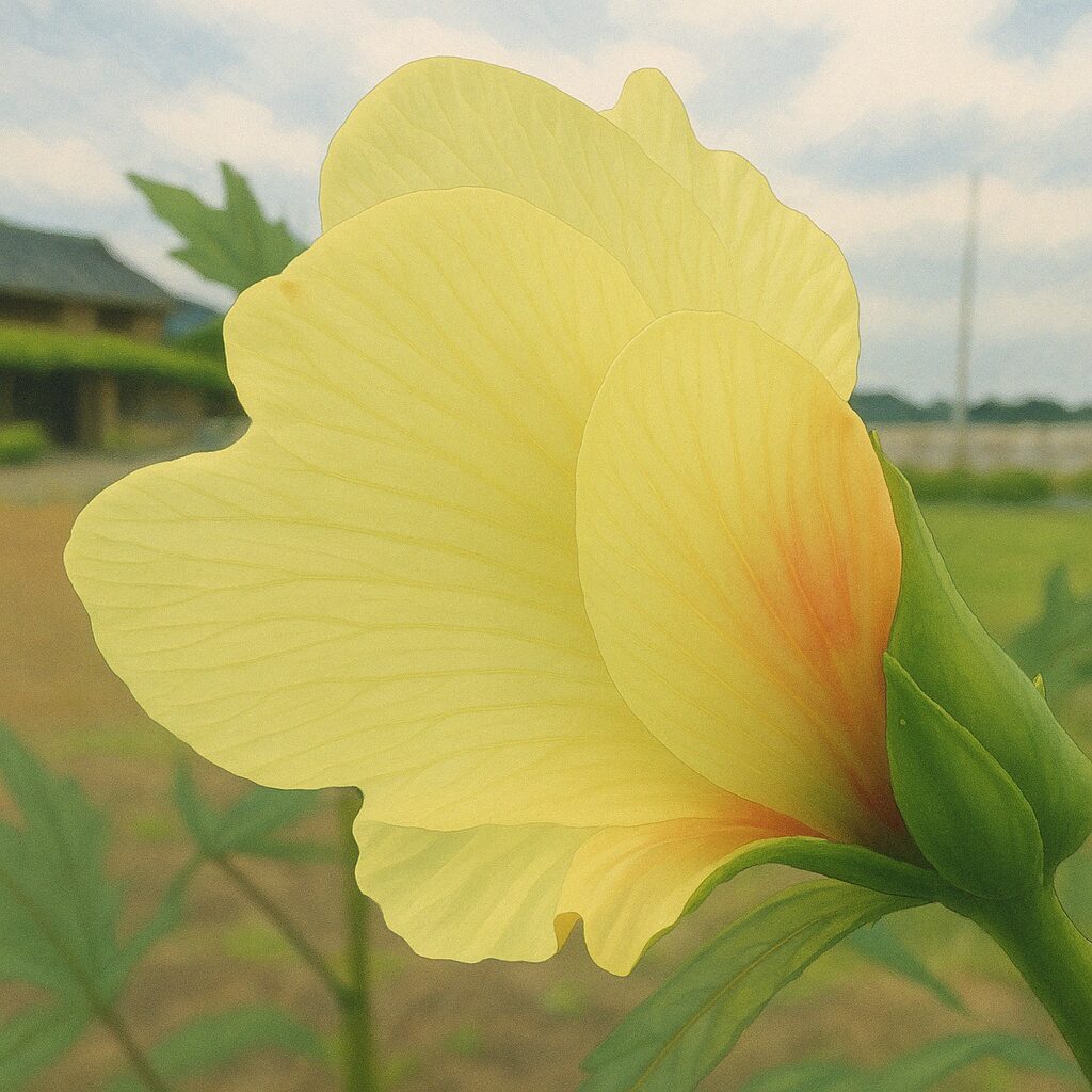 オクラの花の裏側と茎の付け根を写した鮮明なイラスト