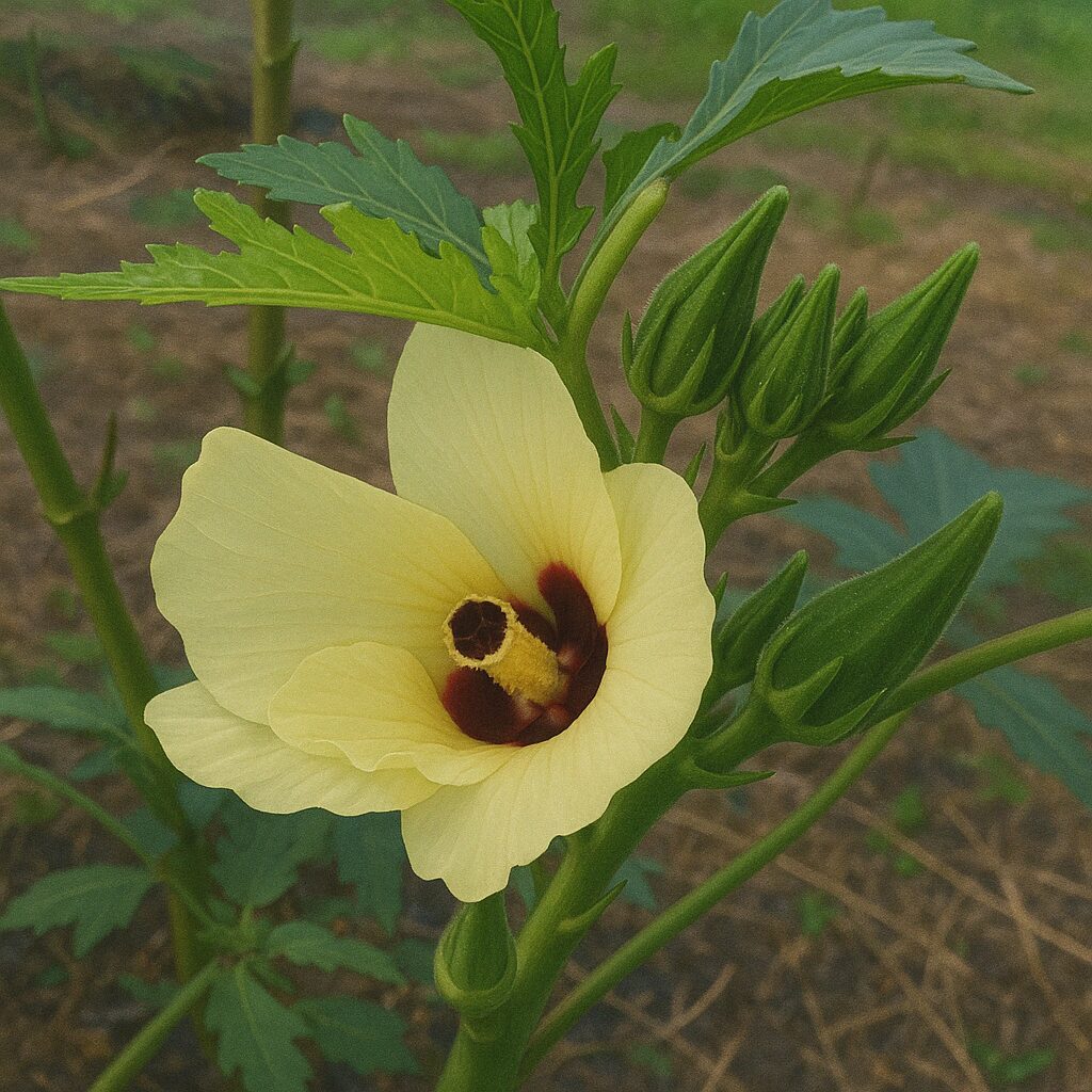 花と実、つぼみが同時に映るオクラの生長過程を示すイラスト
