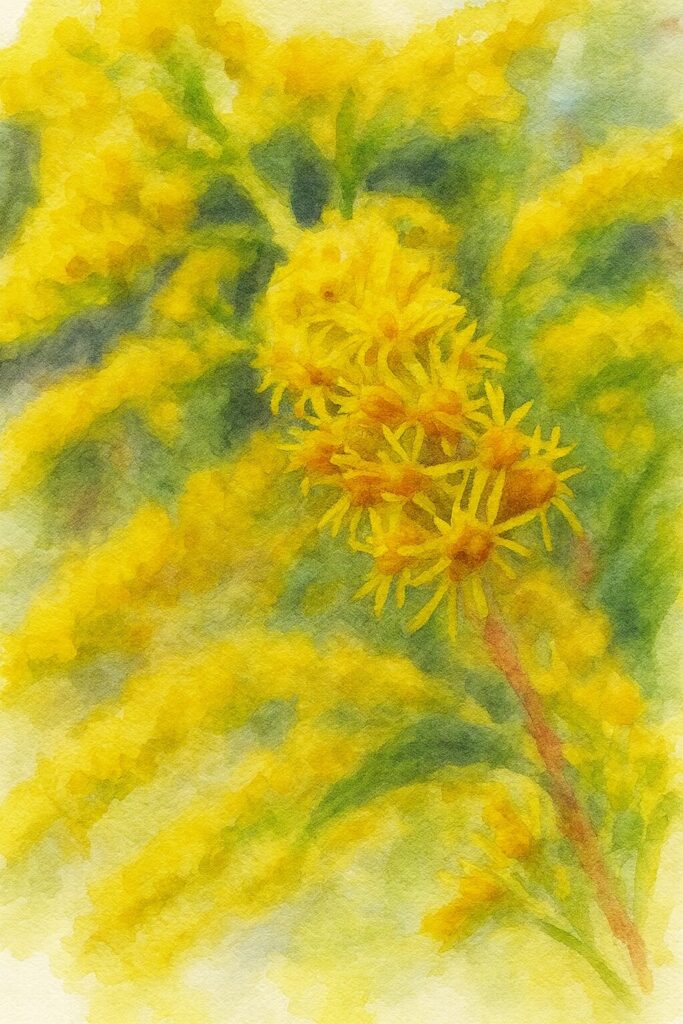 秋の野原に咲くセイタカアワダチソウを柔らかなタッチで描いた水彩画風イラスト