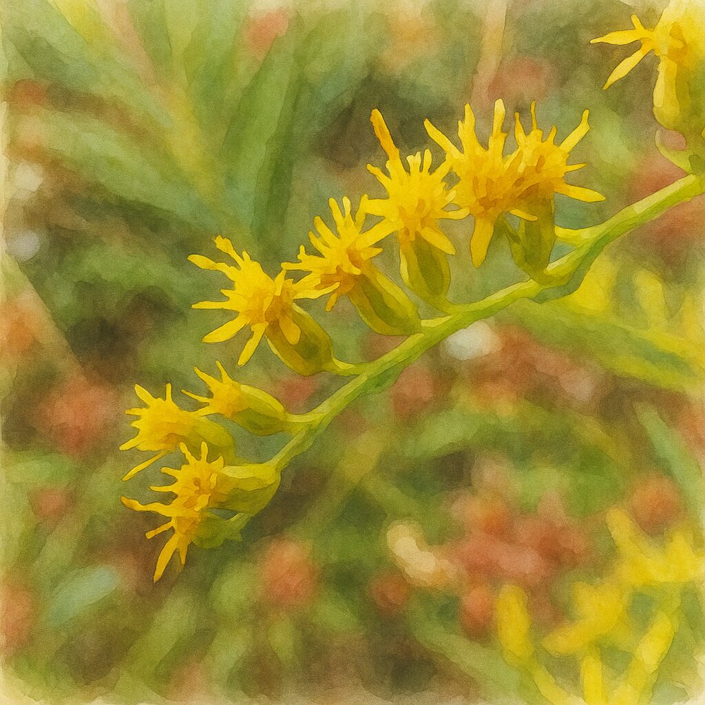 秋の草むらに咲くセイタカアワダチソウを描いた繊細な水彩画風イラスト