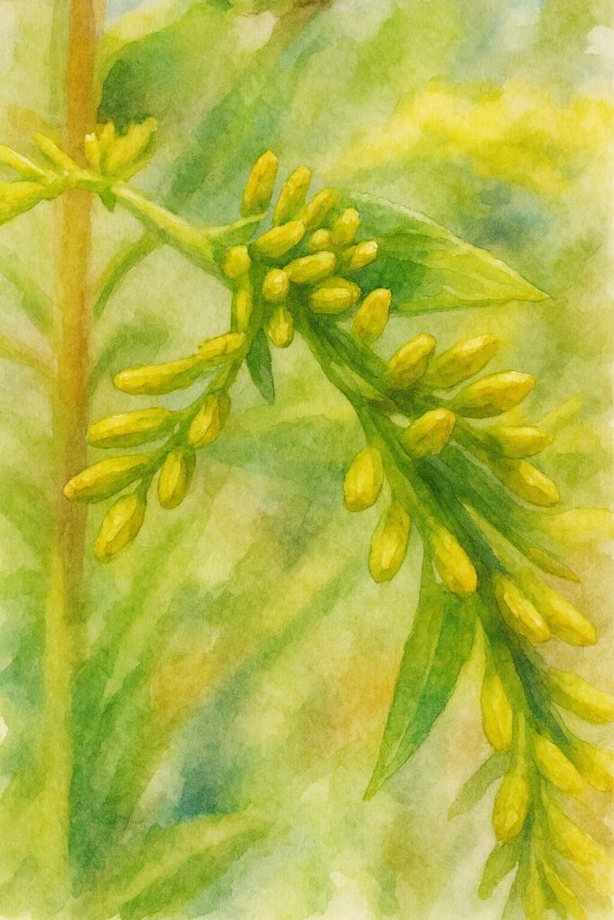 開花前のセイタカアワダチソウのつぼみを丁寧に描いた水彩画風イラスト