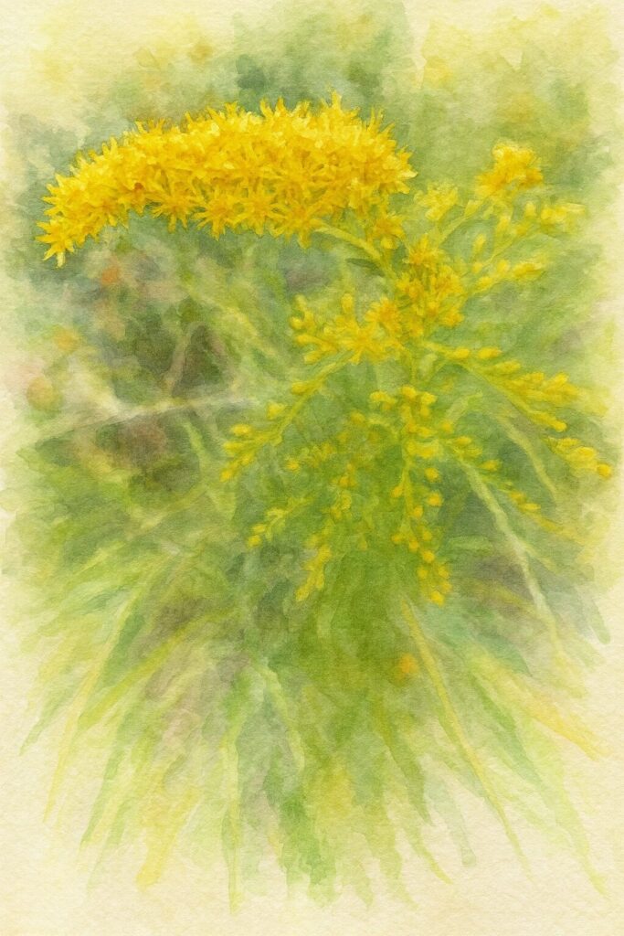 秋の草原に咲くセイタカアワダチソウの穂状の花を描いた水彩画風イラスト