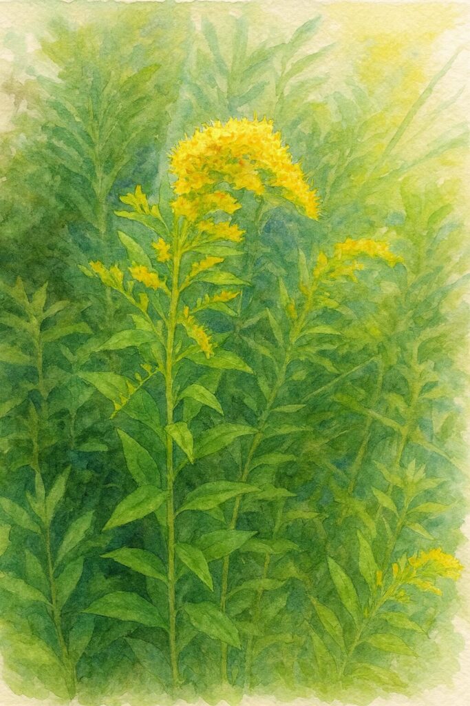 秋の野に群生するセイタカアワダチソウを描いたやわらかな水彩画風イラスト