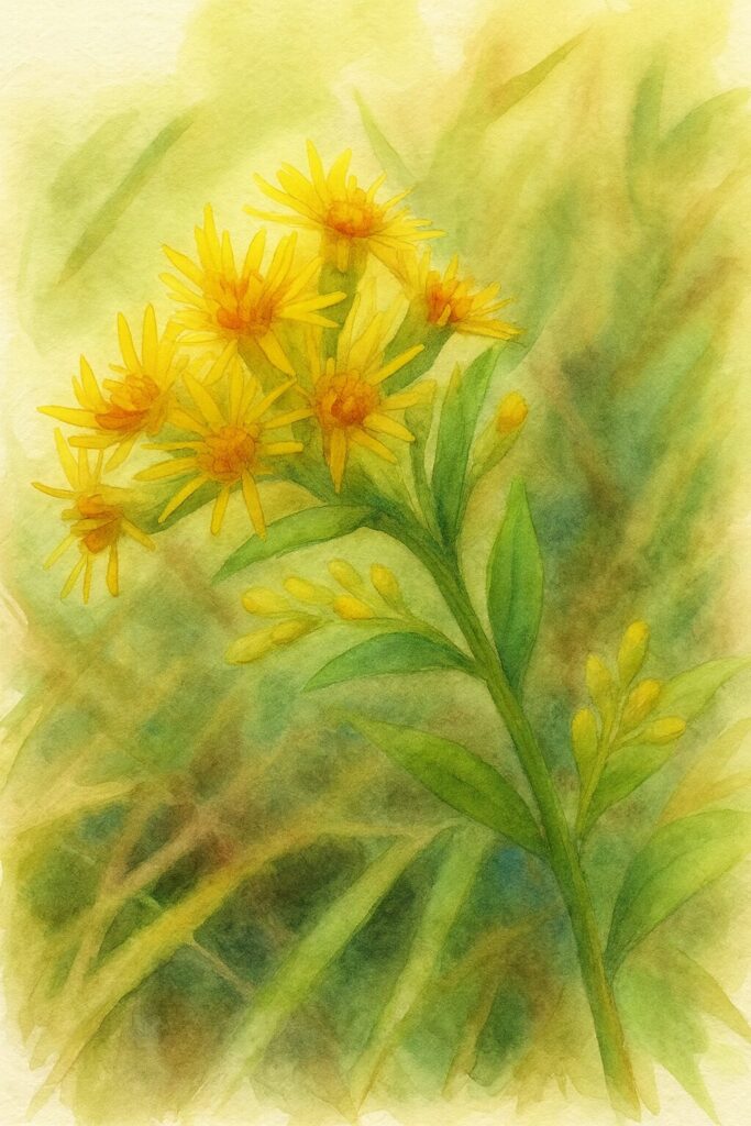 秋風に揺れるセイタカアワダチソウを描いた水彩画風イラスト