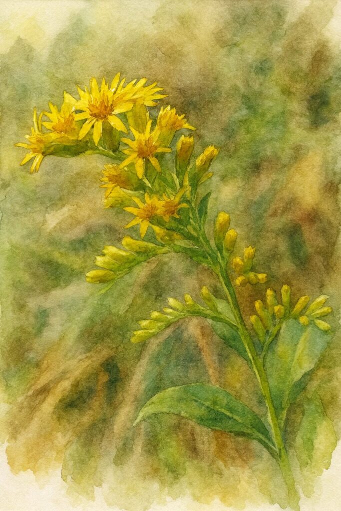 秋の光の中で咲くセイタカアワダチソウを描いた水彩画風イラスト