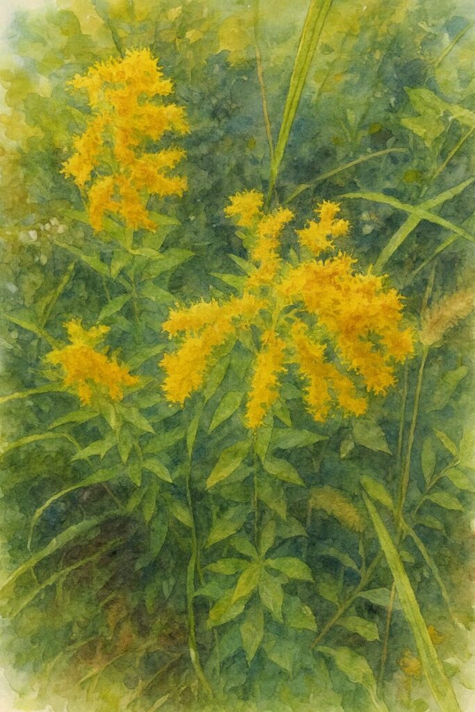 秋の草地に咲くセイタカアワダチソウの花穂を描いた水彩画風イラスト