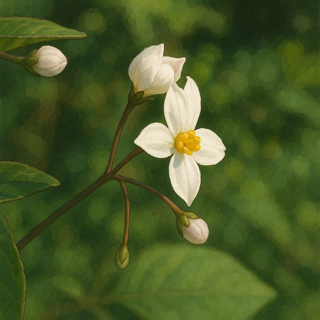 黄花芯が特徴のワルナスビの白い花とつぼみの群れ(背景緑)