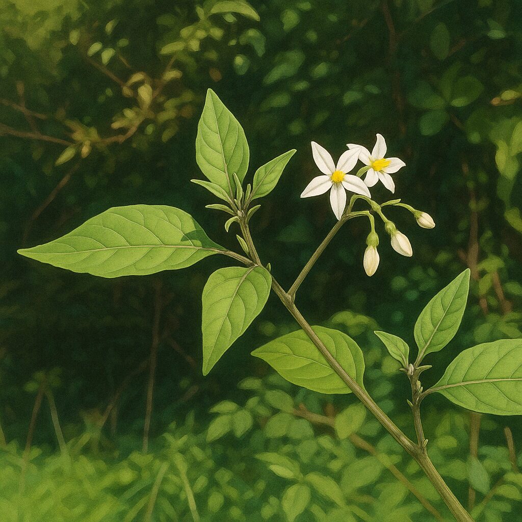 自然環境の中で開花したワルナスビの花と葉の全体像