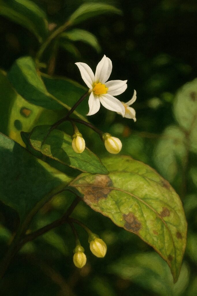 葉の上に咲いた白いワルナスビの花と周囲のつぼみのクローズアップイラスト