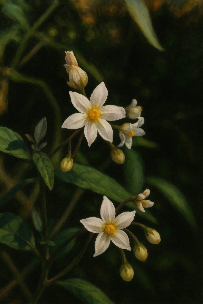 白い星型のワルナスビの花が陽光の中で咲く野草のクローズアップイラスト