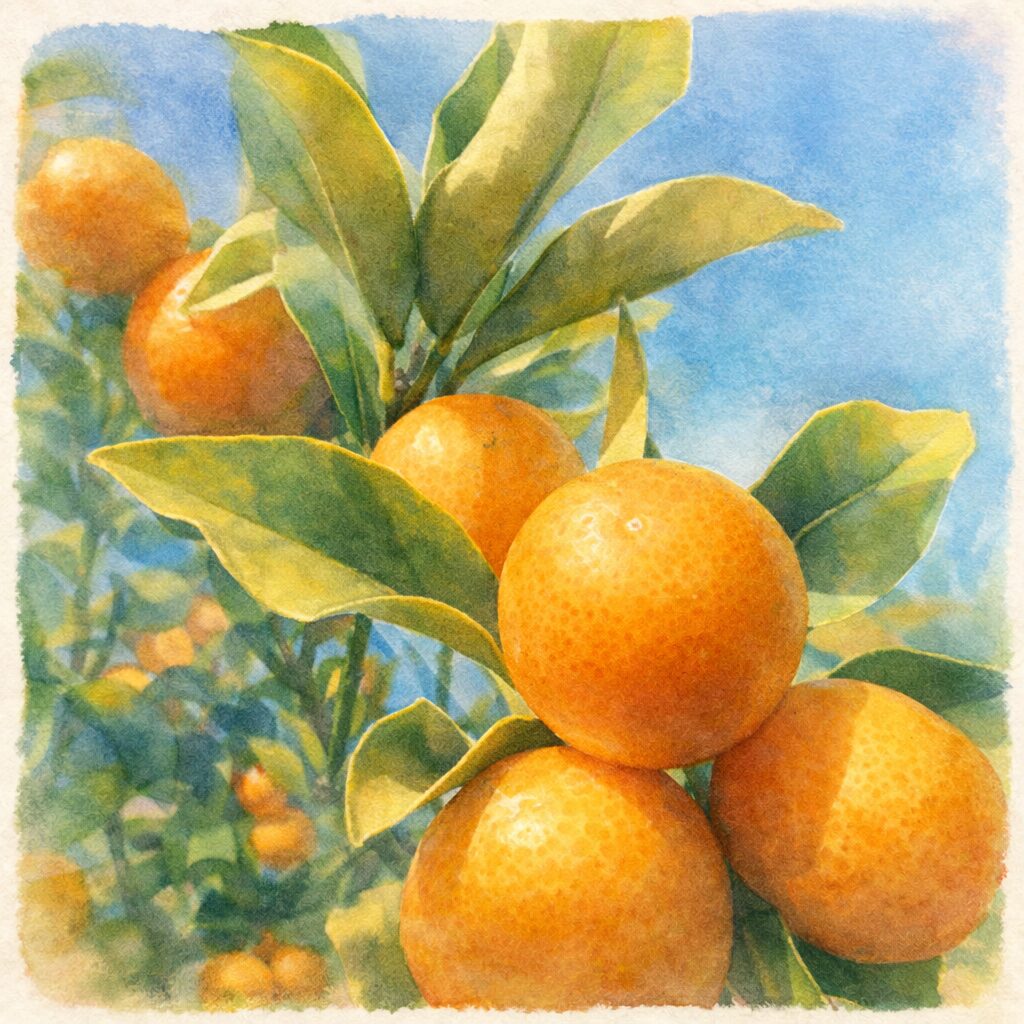 秋の青空を背景に枝に実るキンカンの果実を、手描きのような優しい質感で描いた水彩画風イラスト。橙色の丸い実と柔らかな緑の葉を正方形構図で表現。
