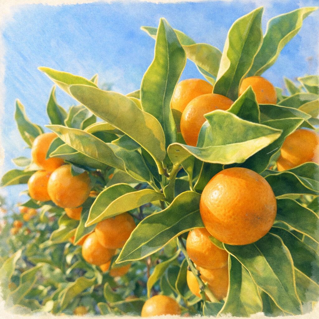 秋の青空を背景に枝に実るキンカンの果実を、優しい質感で手描きしたように表現した水彩画風の正方形イラスト。橙色の果実と柔らかな緑の葉を自然な構図で描写。