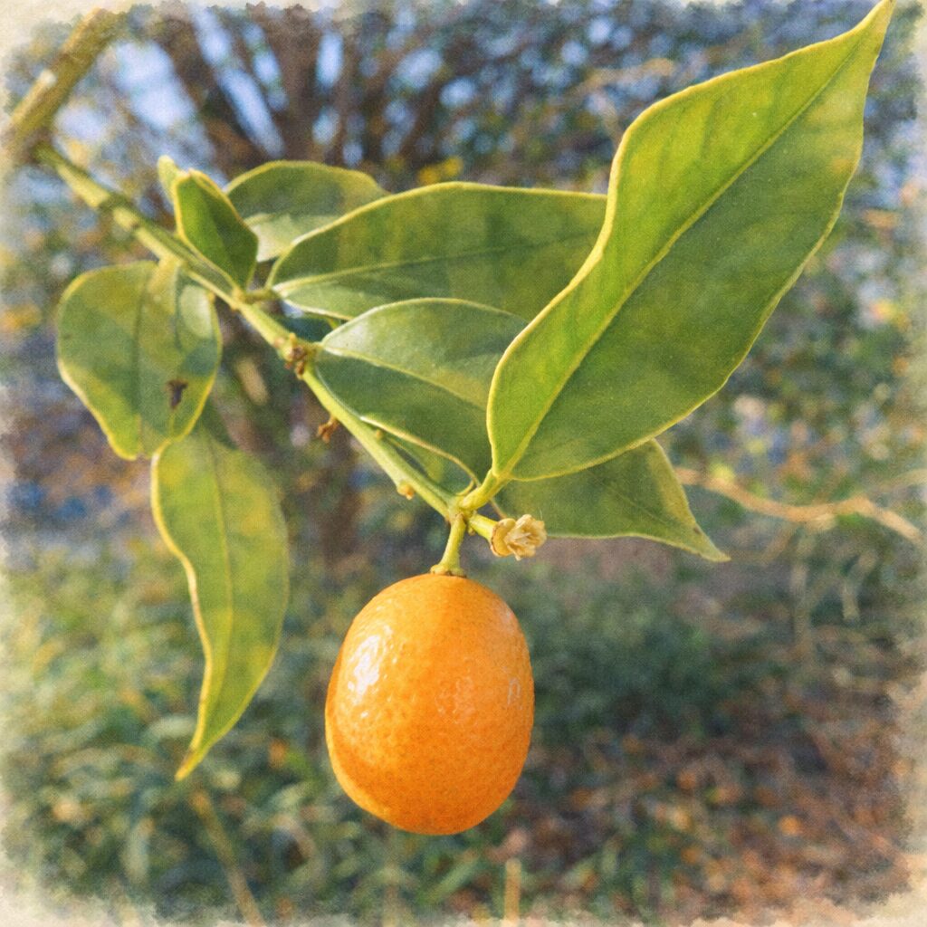秋の光を感じる枝先に一粒だけ実るキンカンを、手描きのような優しい質感で描いた水彩画風の正方形イラスト。橙色の果実と柔らかな緑の葉を繊細なにじみ表現で再現。