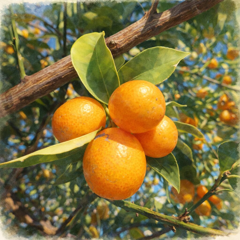 秋の雰囲気の中で枝に寄り添うように実るキンカンを、手描きのような優しい質感で描いた水彩画風の正方形イラスト。橙色の果実と柔らかな緑の葉を、にじみを活かした穏やかなタッチで表現。