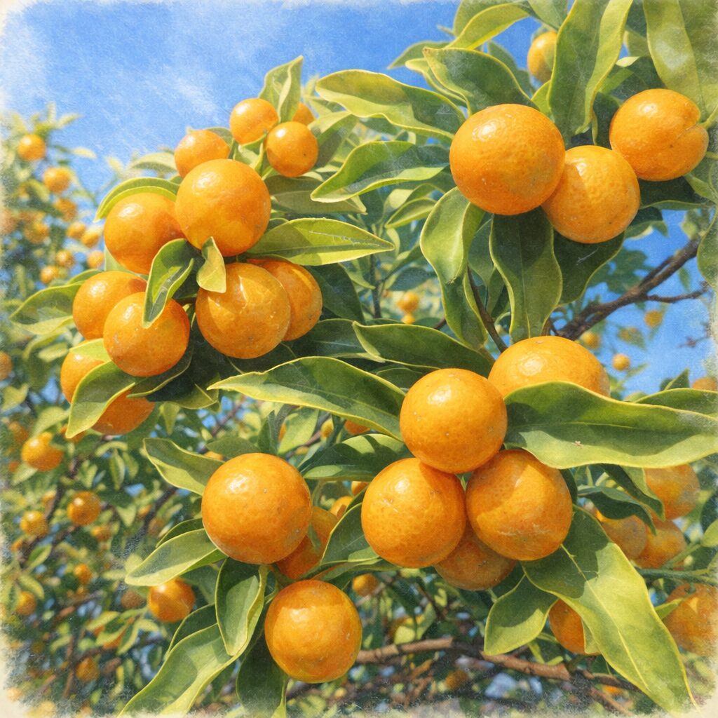 秋の青空の下、枝に房状に実るキンカンを、手描きのような優しい質感で描いた水彩画風の正方形イラスト。橙色の果実と柔らかな緑の葉を、にじみを活かした穏やかなタッチで表現。