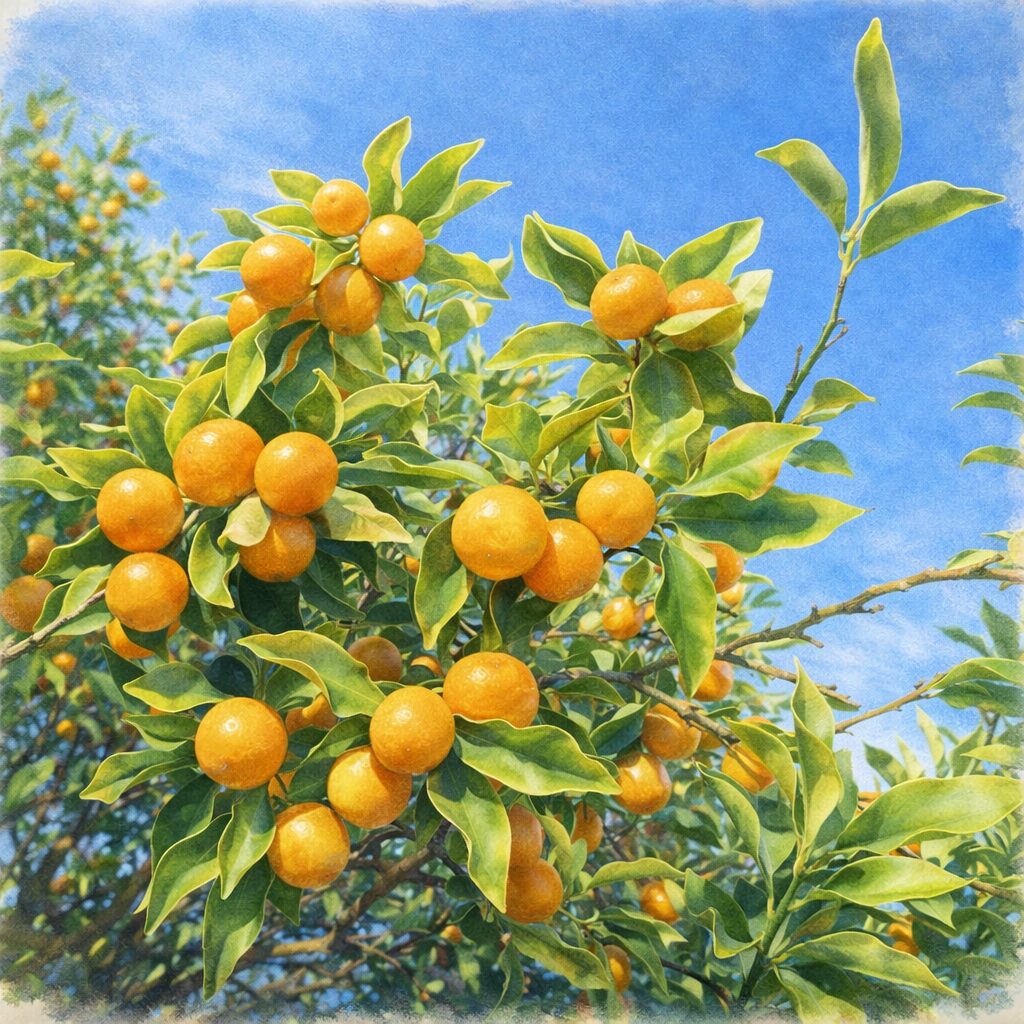 秋の青空の下、枝に房状に実るキンカンを、手描きのような優しい質感で描いた水彩画風の正方形イラスト。橙色の果実と柔らかな緑の葉を、にじみと淡い陰影を活かして穏やかに表現。