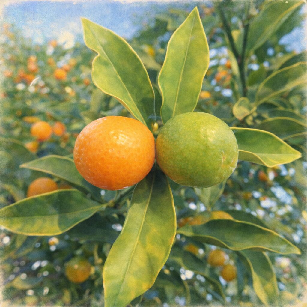 枝先に並んで実るキンカンの熟果と未熟果を、手描きのような優しい質感で描いた水彩画風の正方形イラスト。橙色と緑色の果実、柔らかな葉をにじみを活かして表現。