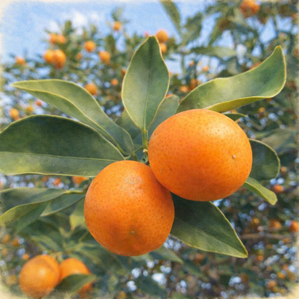 枝先に並んで実る2つのキンカンを、手描きのような優しい質感で表現した水彩画風の正方形イラスト。橙色の果実と柔らかな緑の葉を、淡いにじみと自然な陰影で描写。