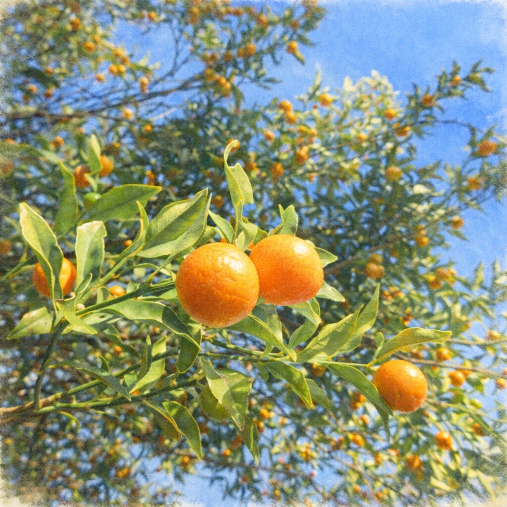 青空の下、枝に寄り添うように実るキンカンを、ふんわりとした優しい質感で描いた手描き水彩画風の正方形イラスト。橙色の果実と柔らかな緑の葉を、淡いにじみと軽やかなタッチで表現。